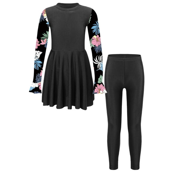 Aislor Kids Girls Two Pieces Swimsuit Floral Printed Rash Guard Skirts with Legging for Seaside Holiday 6-16 A Black 10