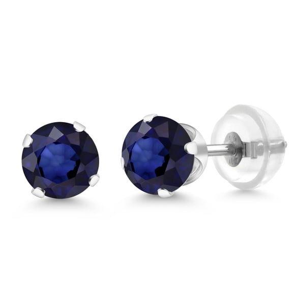 Gem Stone King 1.00 Cttw Blue Sapphire 10K White Gold Stud Earrings for Women | Gemstone Birthstone | Round 5MM
