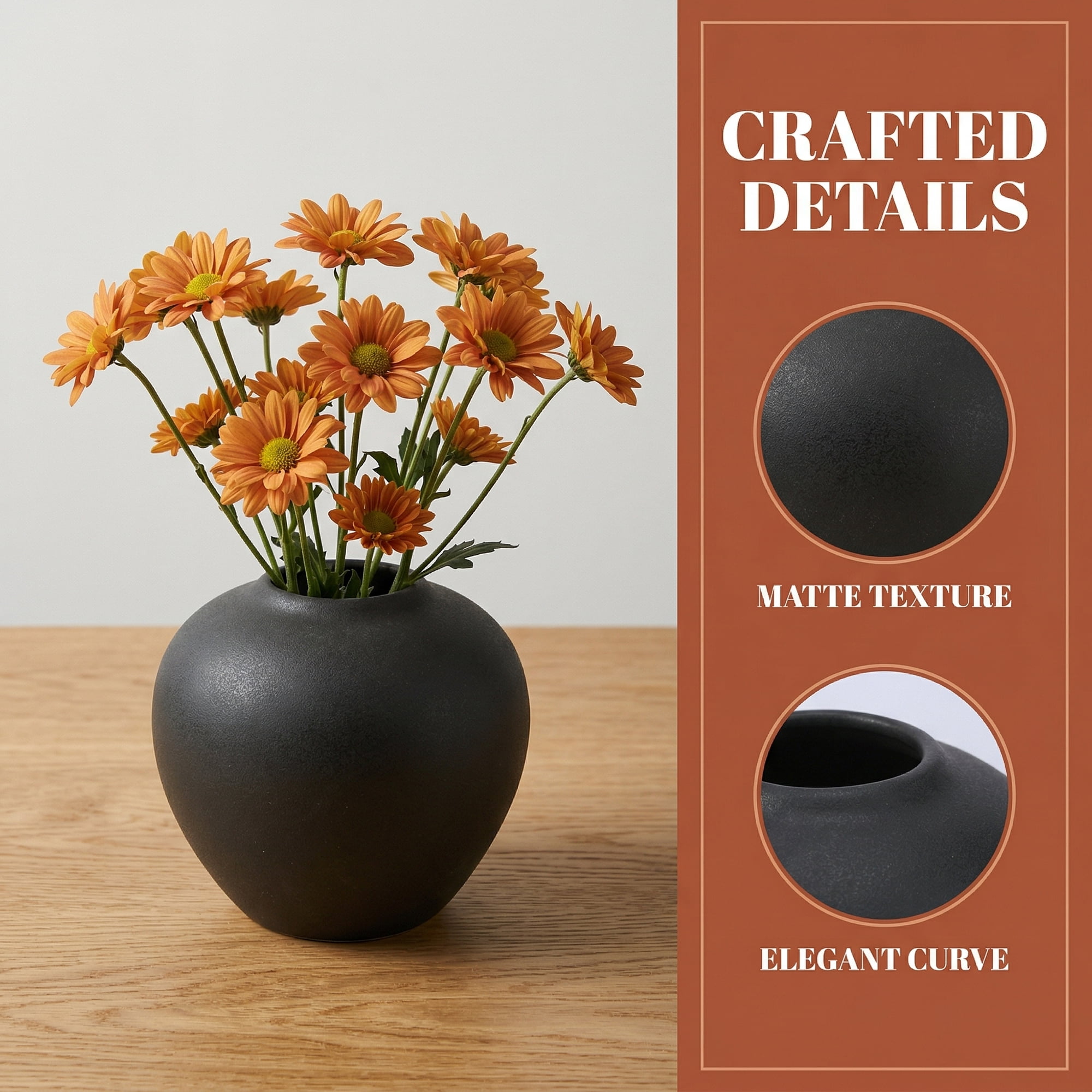 Unique Bargains Modern Ceramic Home Decor Small Ribbed Bud Vase Black 4.3" x 4.3" x 4"