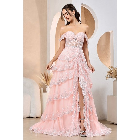 Women's Adora Design 3174 Tiered A-line Sequin Applique Formal Prom 2026 Gown Blush Pink Size 2XL