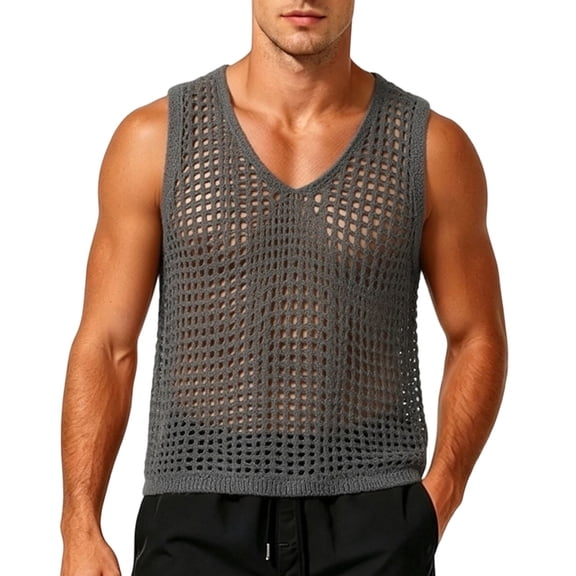 Gamivast Fishnet Tank Top for Men Sleeveless Mesh Shirt See-Through Muscle Tee Breathable Summer Activewear for Party Clubwear Beach Vacation Gray Free Size