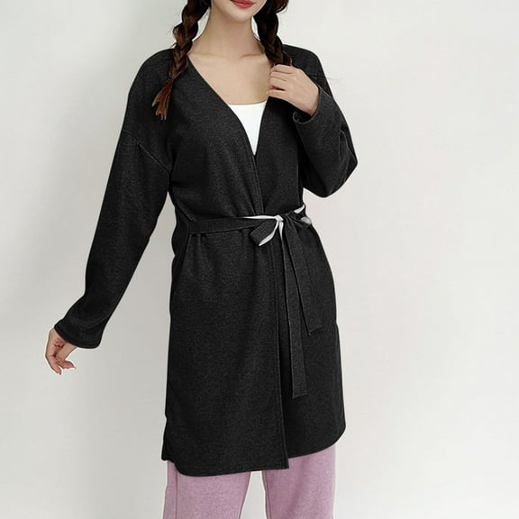 uublik Robes for Women Flannel Robes Casual Long Sleeves Robes Winter Woman Bathrobe Nightwear Black