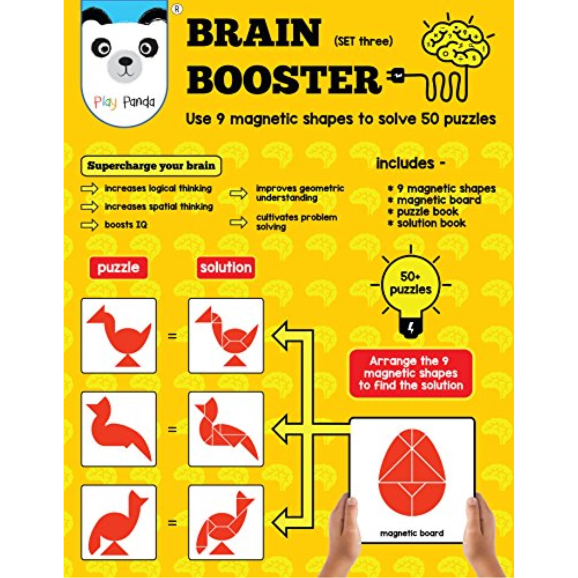 Play Panda Brain Booster Set 3 - 56 puzzles designed to boost intelligence  - with Magnetic Shapes, Magnetic Board, Puzzle Book and Solution Book -  Walmart.com