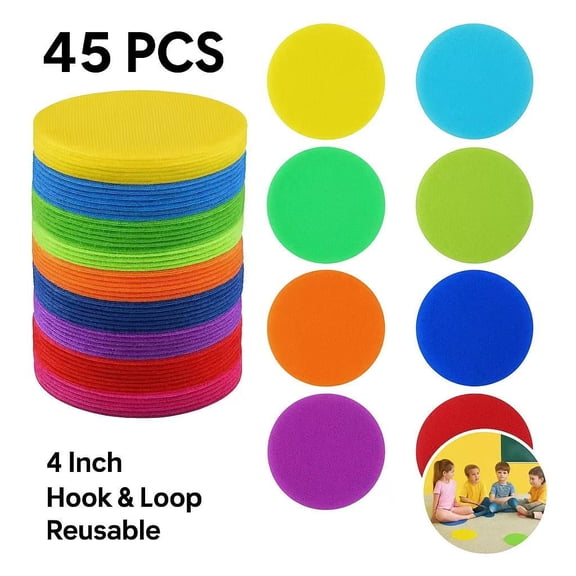 Hook and Loop Carpet Spots, 45 Pack, 4 Inch Colorful Floor Markers for Classroom, Exercise, Dance Training, Reusable & Removable
