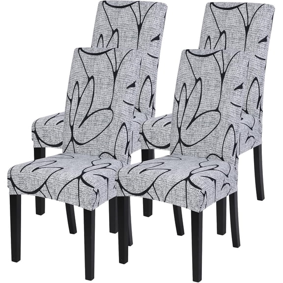 Dining Room Chair Covers Set of 4, Stretch Printed Parsons Chair Slipcovers Spandex Removable Washable Kitchen Chair Protector Cover for Dining Room, Hotel, Ceremony (Grey Lotus White Texture)