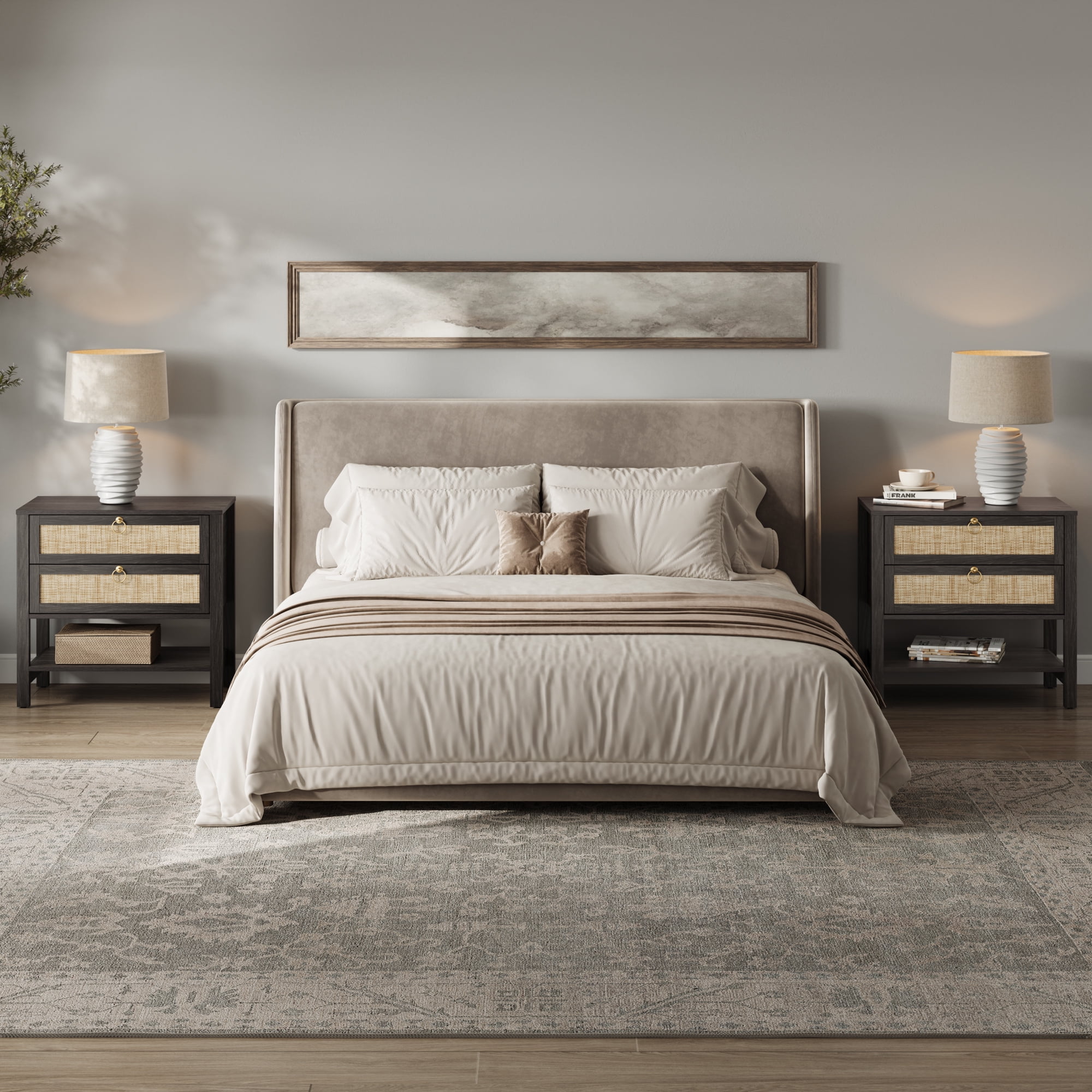 Surmoby 26.7"W Large Boho Coastal Nightstand Set of 2 with Dual Rattan Drawers & Open Shelf - Farmhouse Bedside Tables for Bedroom Living Room Enterway, Black