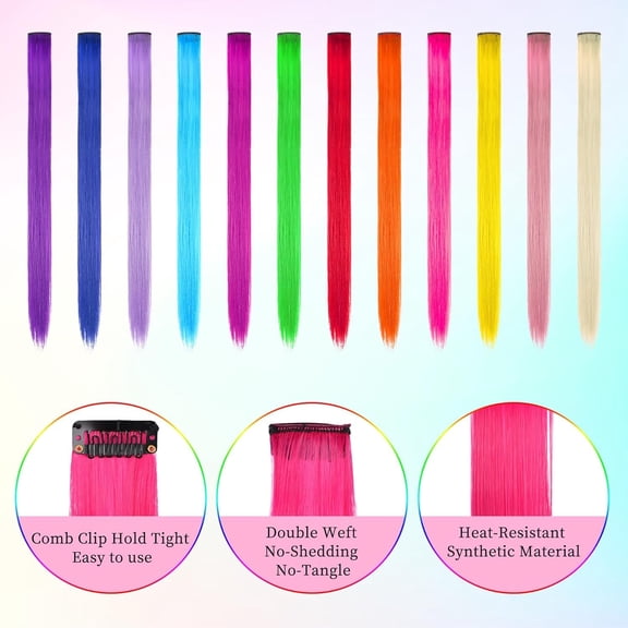 FGERFE-24PCS Colored Clip in Hair Extensions Birthday Gift for Girls Age 4 5 6 7 8-10-12 Year Old, 20Inch Colorful Hair Accessories Rainbow Hairpieces Christmas Stocking Stuffers for Girls Easter Val