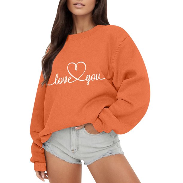 Gibobby Sudadera con forro polar Mujer Sudadera con capucha de manga larga con cuello redondo y estampado de amor para el día de San Valentín al libre para mujer 9 (Anaranjado, S)