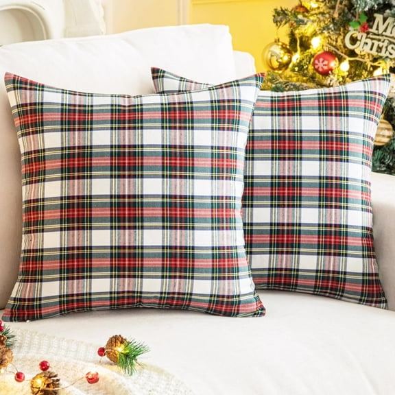 Pack of 2 Christmas Plaid Decorative Throw Pillow Covers Scottish Tartan Cushion Case for Farmhouse Home Holiday Decor Red and Green, 14 x 36 Inches