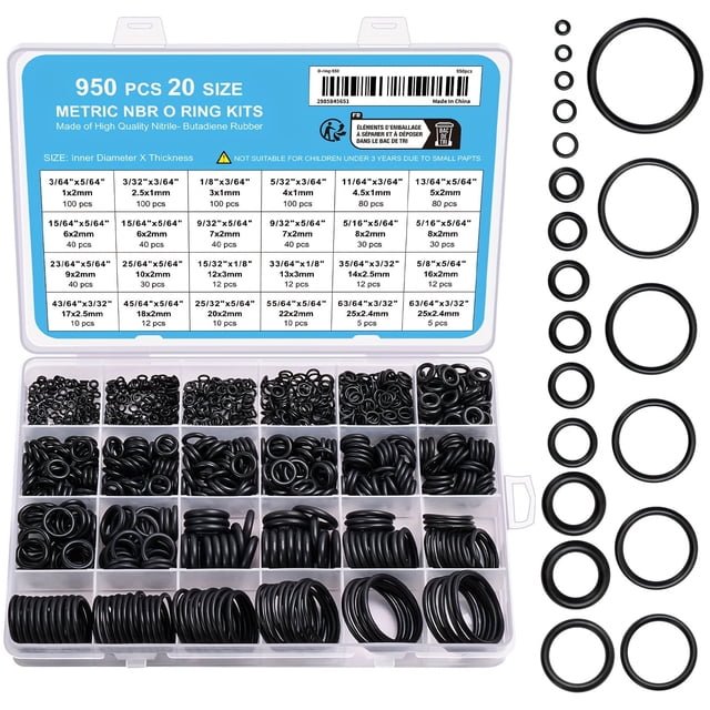 Kit de 950 juntas tóricas de goma, 20 tamaños, para lavadoras a presión, plomería, sellado, reparación, conexiones de aire o gas, resistentes al aceite y al calor.