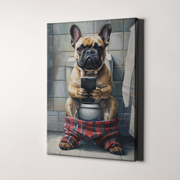 French Bulldog On Phone On The Toilet Funny Dog Bathroom Canvas Wall Art Print