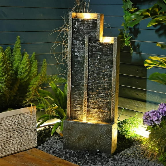 Modern Outdoor Fountain Cascading Floor-Standing with LED Lights for Garden, Living Room, Patio, Home Decor