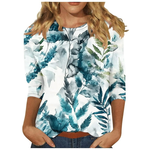 Women's T-Shirts Summer 3/4 Length Sleeve Tops Casual Floral Print Blouses Fashion Ladies Tunic Tee
