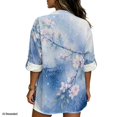 thumbnail image 2 of FKELYI Oriental Flower Print Women's Blouse Faux Linen Summer Shirt 3/4 Sleeve with Roll Up Design Casual Side Slit Hem Top Beach Vacation Outfits Tees, S, 2 of 5