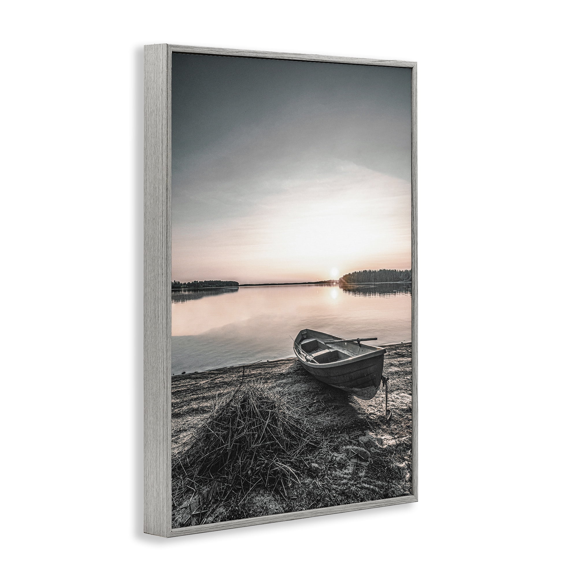 Stupell Industries Deserted Canoe on Shore Landscape Photography Gray Framed Art Print Wall Art, 12 x 18