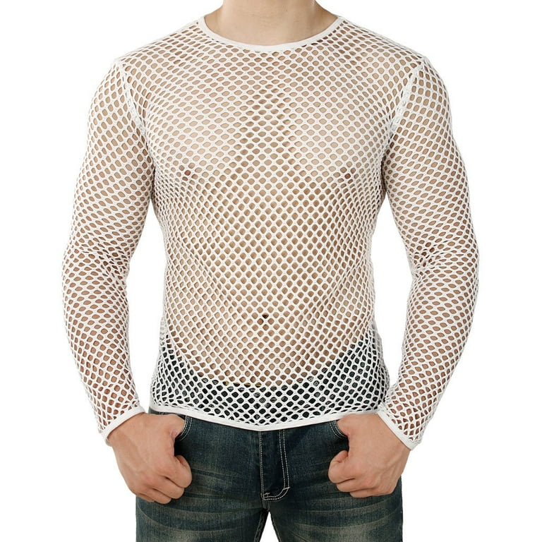 HAXMNOU Men's Long Sleeve See Through Mesh Fishnet T Shirt Casual Muscle  Gym Tee Blouse White S
