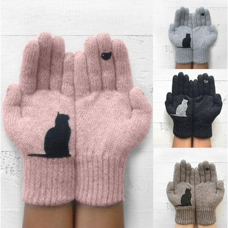 

Winter Womens Warm Wool Gloves Cute Cat Knitted Wrist Mittens Christmas Gifts