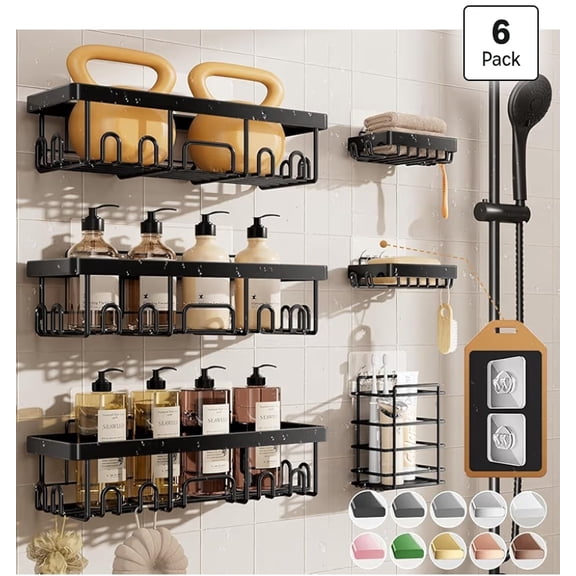Shower Caddy 6-Pack, Advanced Rustproof Design, No Drilling Adhesive Shelves, Rack with Soap Holder, Large Capacity Bathroom Organizers and Storage, Wall-Mounted Kitchen & Home Decor