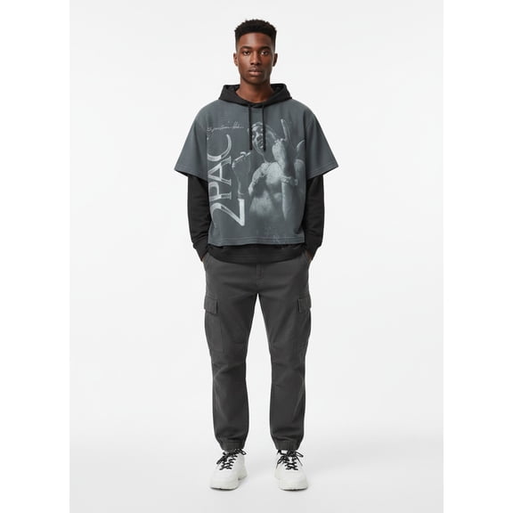 Tupac Men's Layered Look Graphic Tee with Long Sleeve Hoodie, Sizes XS-3XL
