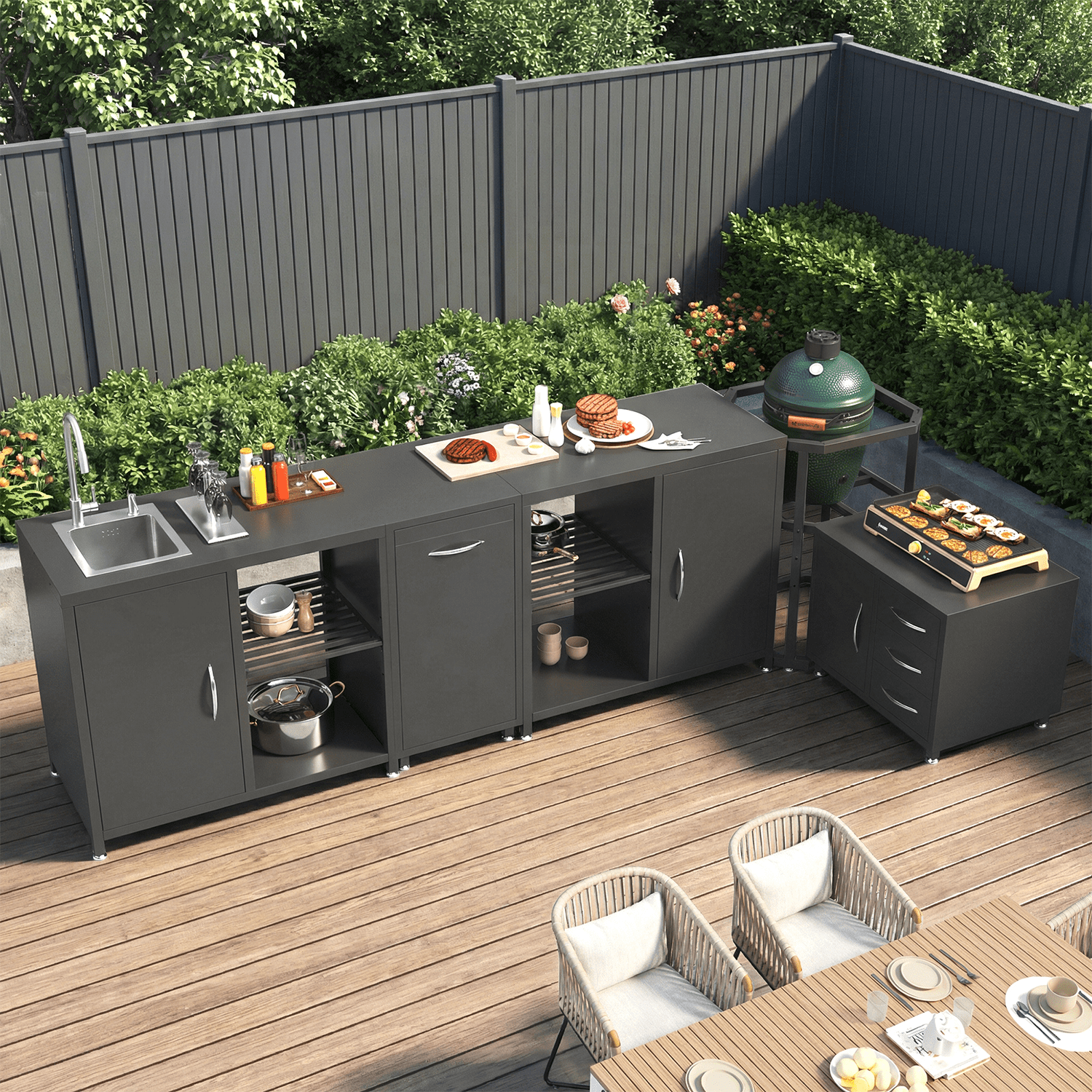 Richryce 5-Piece L Shaped Outdoor Kitchen Island with Sink, Large Storage Cabinet & Shelf, Pull-Out Trash Drawer and Grill Stand for Deck, Patio