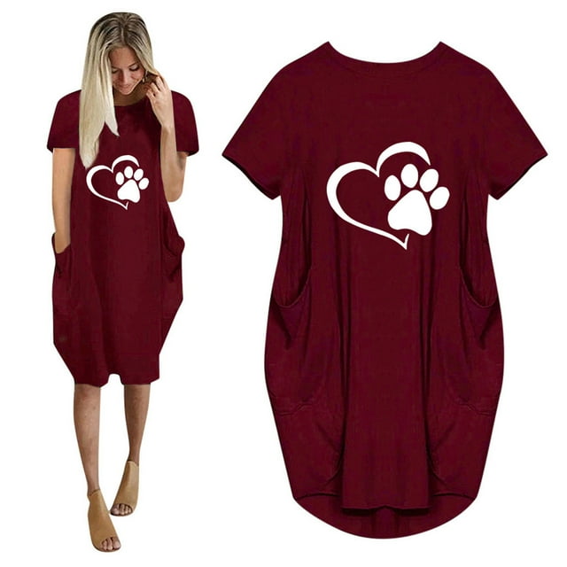 Meichang Robes d'Été pour Femmes Grande Taille Col Rond Manches Courtes Longueur Genou Robes Mignonnes Imprimé Patte de Chien Cœur Robes Midi Coupe Ample Robes de Vacances d'Été