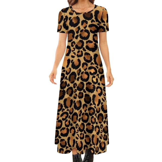 Robe Léopard Verte et Dorée Imprimé Fourrure Animale Style de Rue Boho Plage Longues Robes Femmes Robe Maxi Vintage Grande Taille