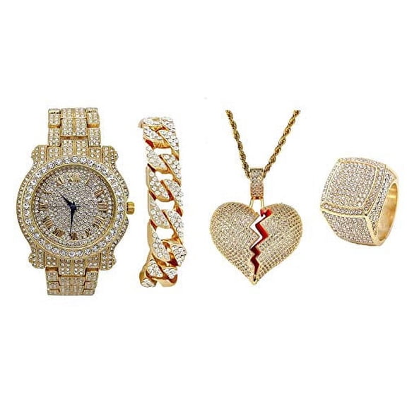 Charles Raymond Broken Heart Hip Hop Pendant - Luxury Wristwatch Covered with Crystal Clear Rhinestones - Iced Out Cuban Bracelet & Blinged Out Ring Gift Set - (8, Gld L0504 Broken Heart 4pc Set)