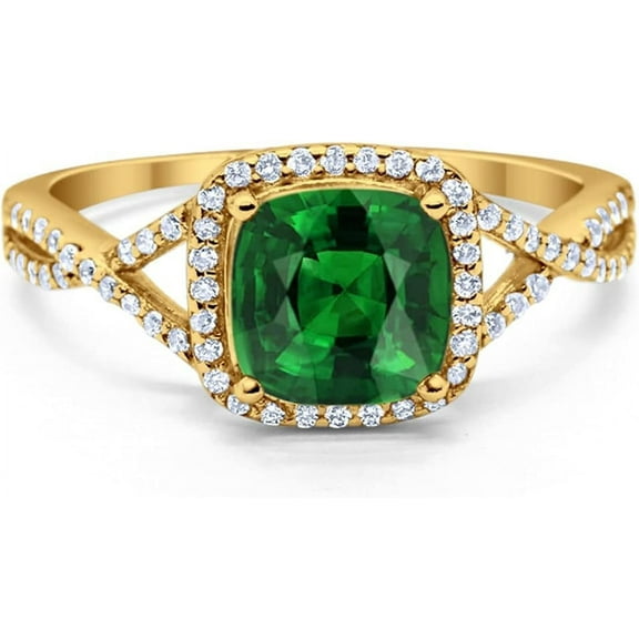 Divine Creation 2.00 Ct Cushion Cut Green Emerald Wedding Engagement Halo Ring 14K Yellow Gold Plated 925 Sterling Silver For Women's -4.5