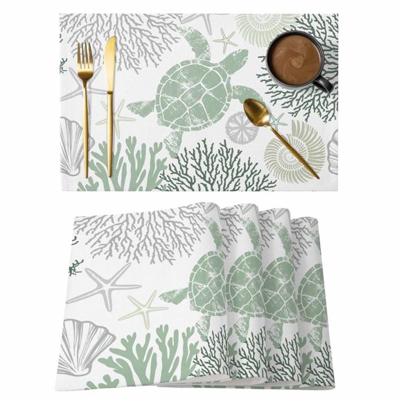 Sage Green Coastal Turtle Placemats Set of 4, Cotton Linen Fabric Place Mats, Ocean Coral Nautical Washable Decorative Table Mats Protector for Home Kitchen Dining Wedding Party Coffee Tables