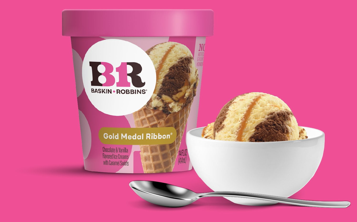 Baskin-Robbins Gold Medal Ribbon Ice Cream, 14 fl oz Cup – Chocolate and Vanilla Ice Cream with Caramel Swirl