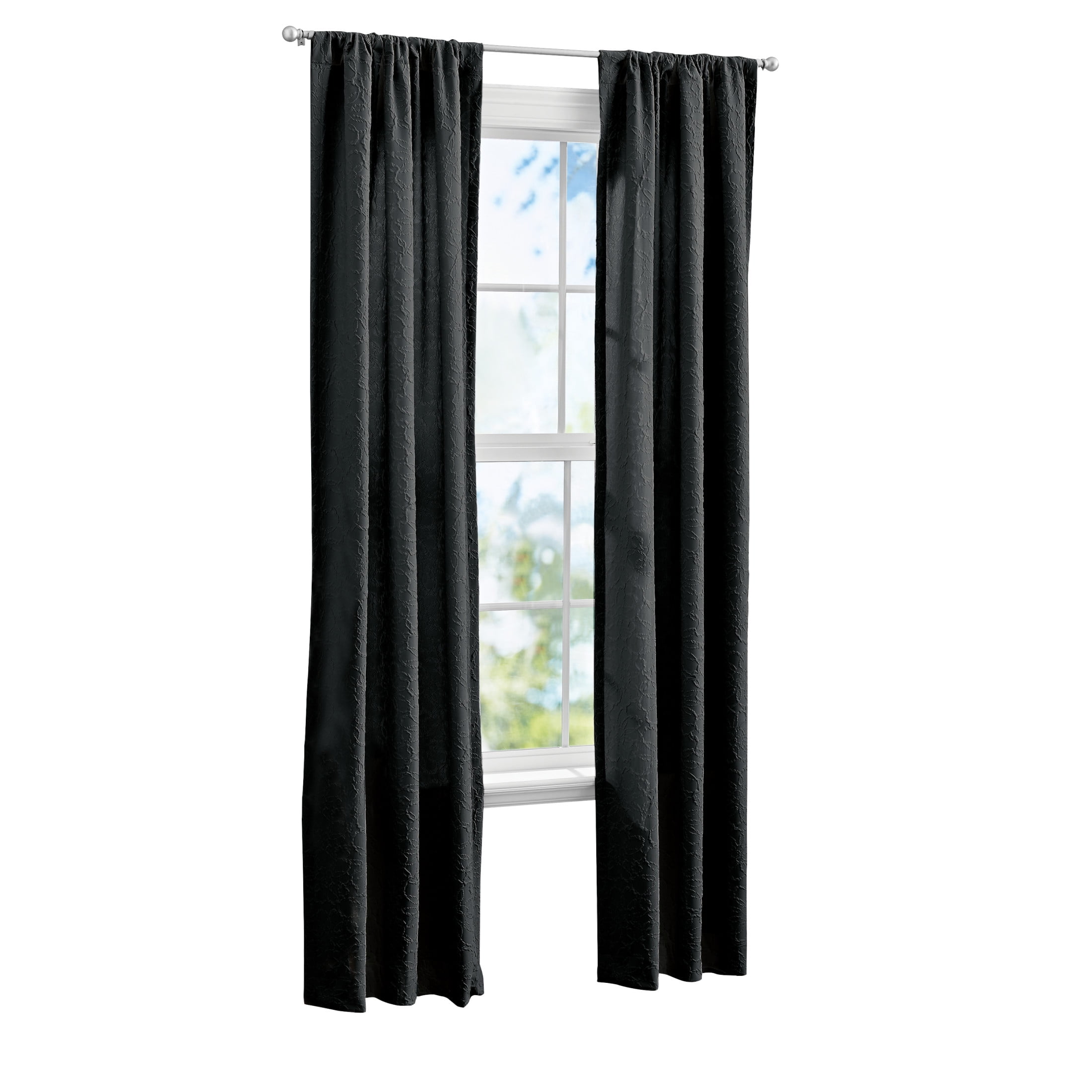 (2 pack) Mainstays Microsculpt Floral Rod Pocket Curtain Pair, Set of 2, Black, 37 in x 63 in
