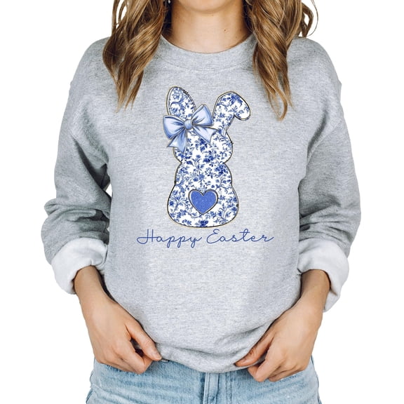Happy Easter Sweatshirt for Women Teens and Girls Blue Floral Chinoiserie Bunny Pullover Gray Sweatshirt Adult Small