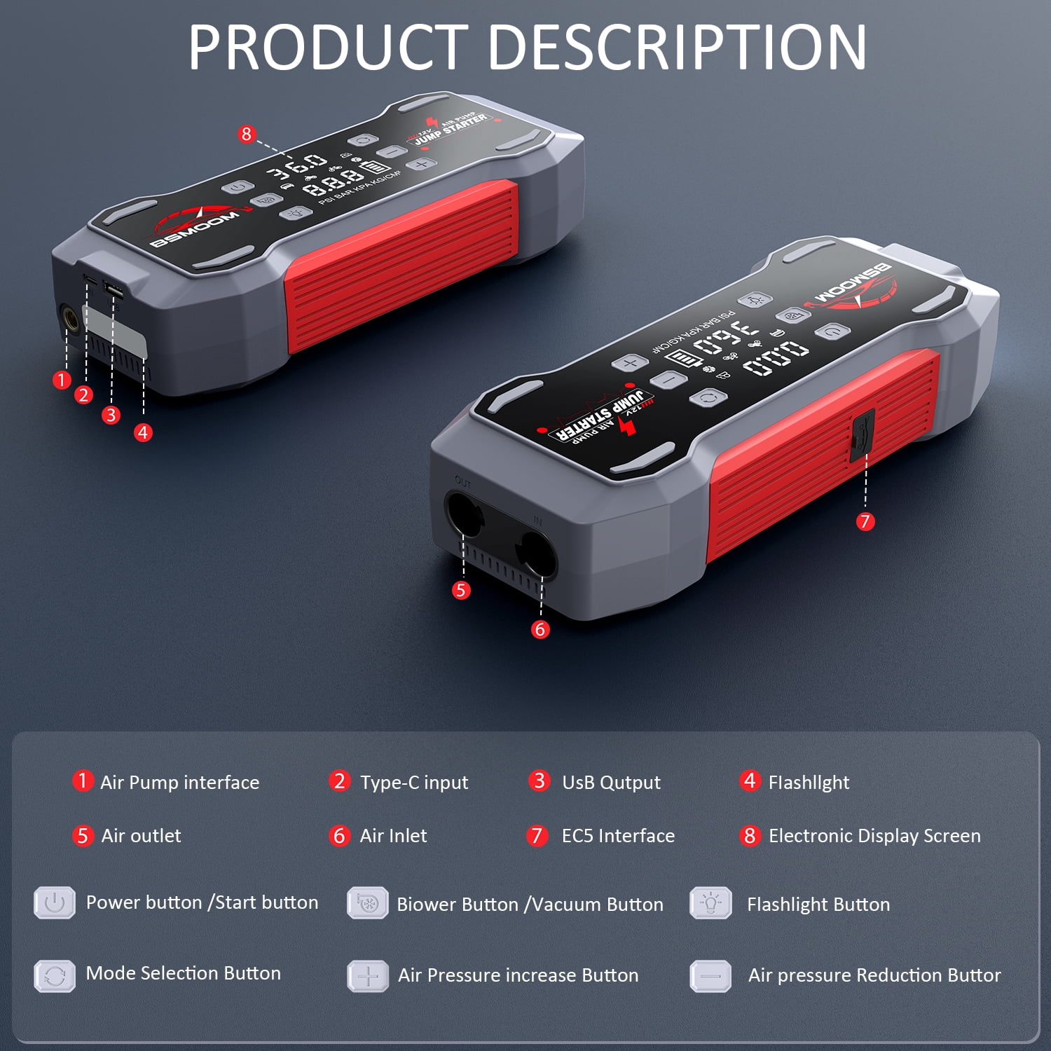 BSMOOM 9000A Car Jump Starter with Air Compressor, 12V Portable Car Battery Jump Box Power Pack with 150PSI Tire Inflator & LCD Display, LED Light, Jumper Cable (Up to 10L Gasoline/8L Diesel Engine)