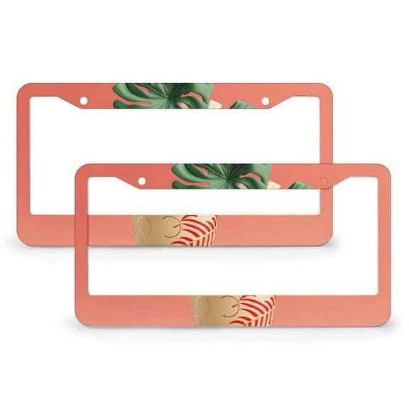 2 PCS Monstera Plant License Plate Frame Tropical Green Leaves License Plate Frames Cover Holders Aluminum Metal 2 Round Holes for Women Men US Vehicles