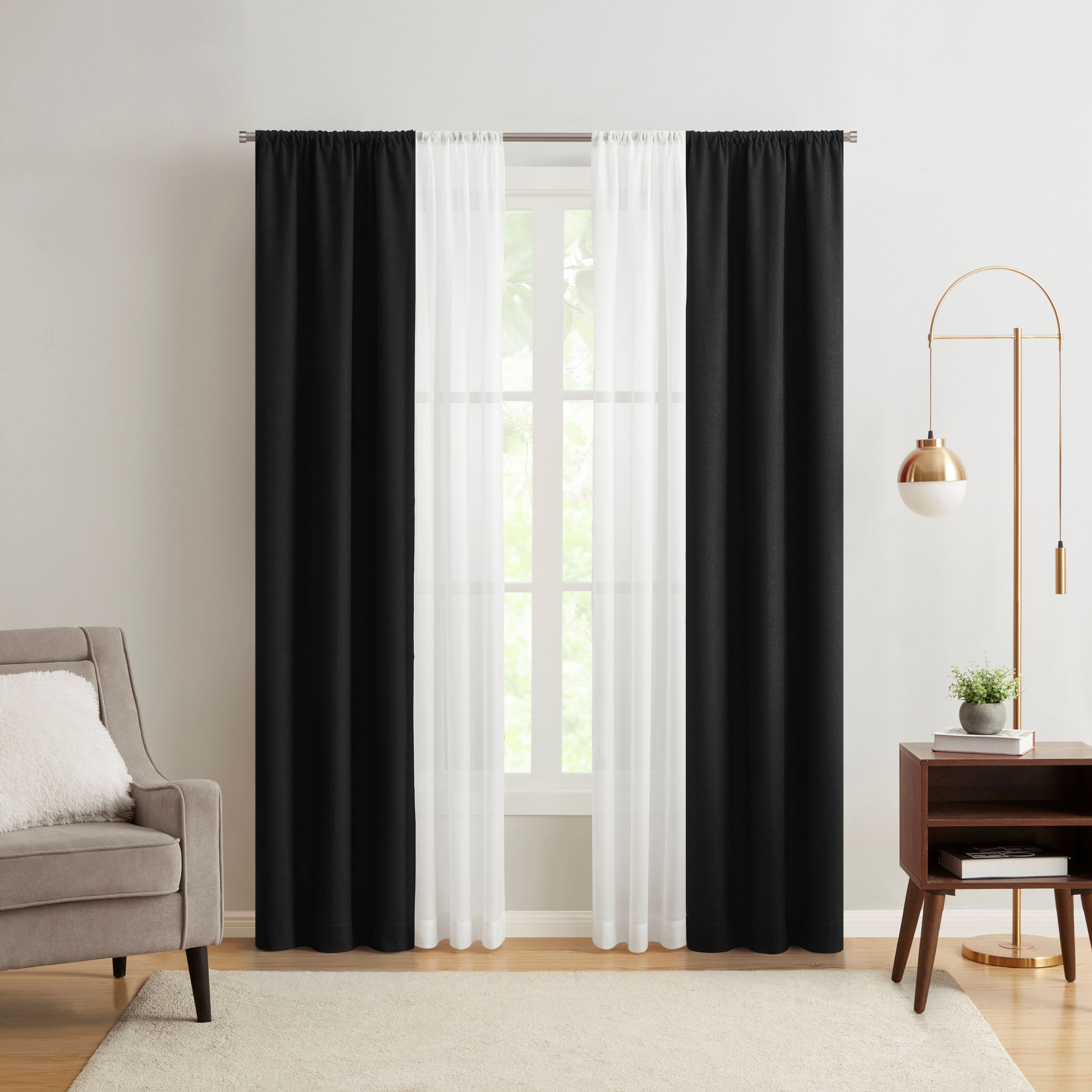 (3 pack) Mainstays Twill Blackout Rod Pocket 4 Piece Curtain Set, Rich Black, 27.5" W x 84" L