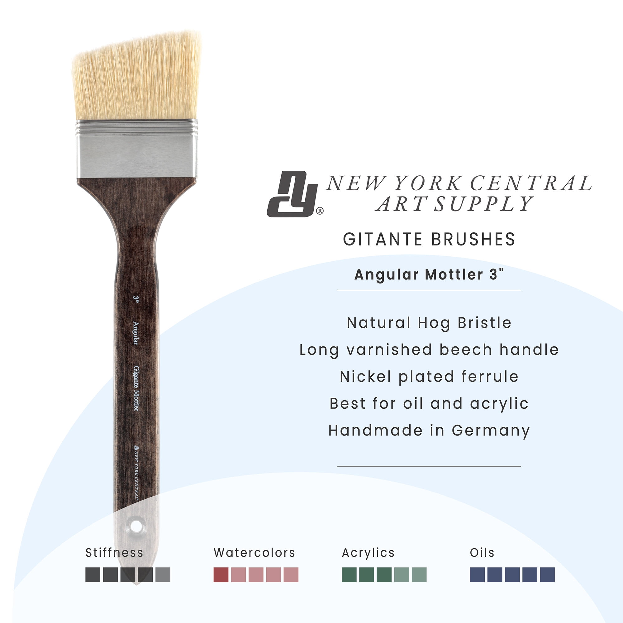New York Central Gigante Natural Hog Bristle Large Scale Artist Paint Brush, 3" Anglular Mottler, Professional German Handmade Oil Painting Brush w/ Long Handle for Oil, Acrylic & Acryla Gouache