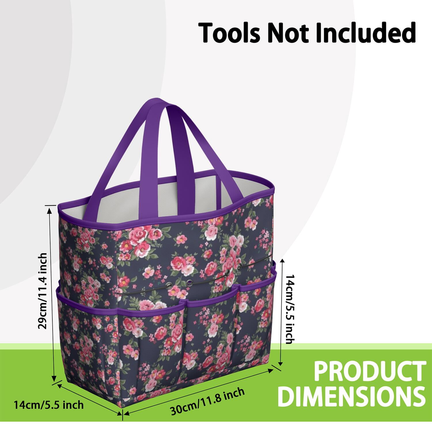 Garden Tool Bag,Pioneer Flower Floral Print Pattern Garden Tool Organizer,Garden Gifts,Waterproof Multi-Pocket Garden Tool Storage 11.8x5.5x11.4 Inch(Tools NOT Included)
