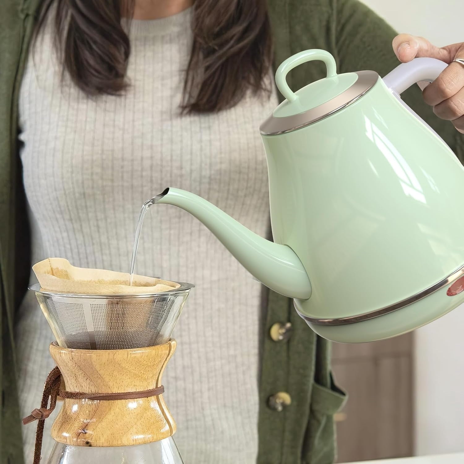 Electric Gooseneck Kettle, 1L 1500WFast Boil, 100% Stainless Steel BPA Free Pour-Over Coffee & Tea Kettle,Water Boiler with Auto Shut & Boil-Dry Protectio,Green