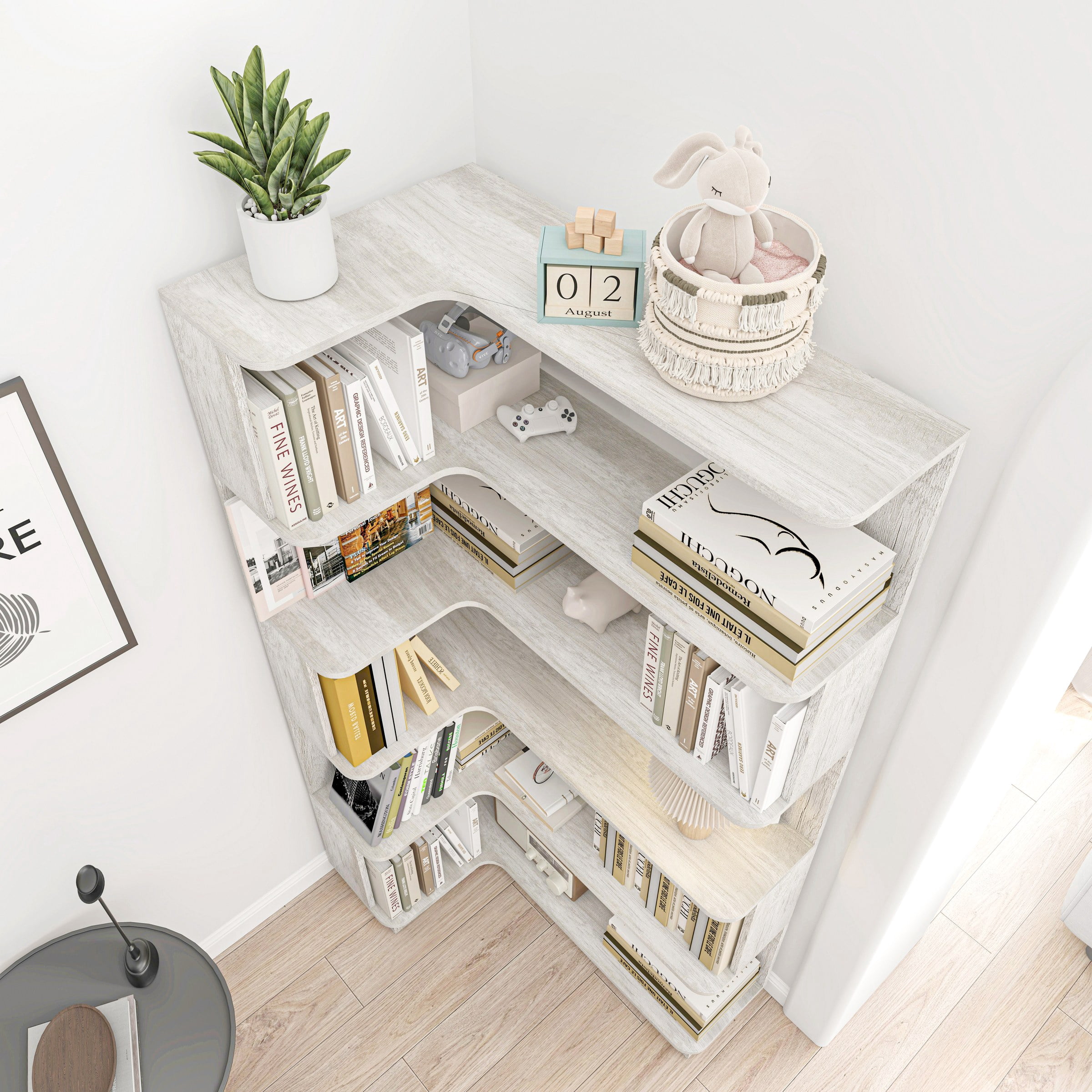 90cm (35.43") Extended Size 5-Tier Freestanding L-Shaped Corner Bookshelf For Living Room, Bedroom, Home Office Wooden Bookcase With Anti-Drop Panel And Anti Tipping Device