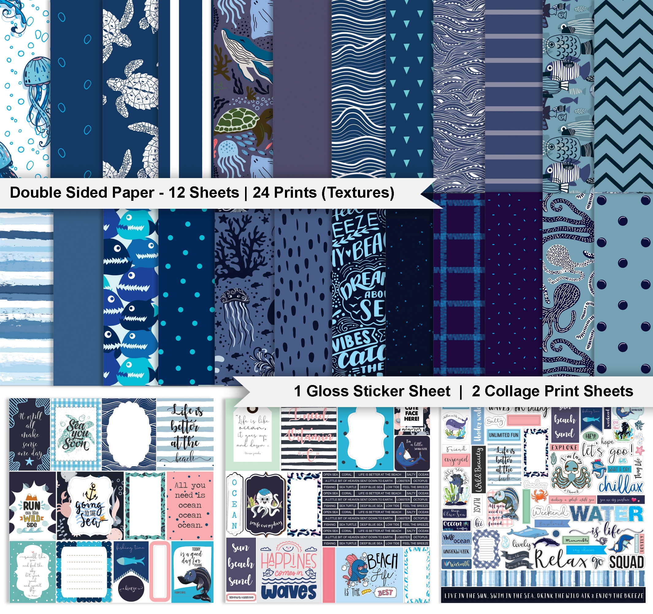 Inkdotpot Ocean Life Collection Double-Sided Scrapbook Paper Kit Cardstock 12"x12" Card Making Paper Pack With Sticker Sheet - 16 Pages - Blue