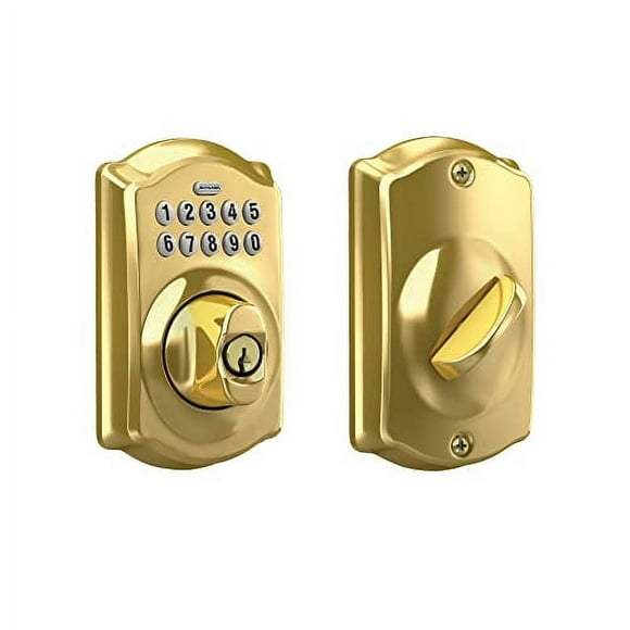 Schlage BE365 CAM 505 Camelot Keypad Deadbolt Electronic Keyless Entry Lock, full, Bright Brass