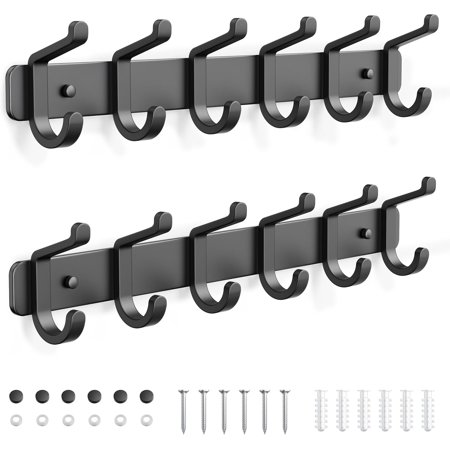 Wall Mounted Coat Rack with 6 Hooks – Heavy Duty Metal Hanger for Hats Clothes Keys Backpack Towels Jackets Purses – Black Entryway Mudroom Closet Door 2 Pack