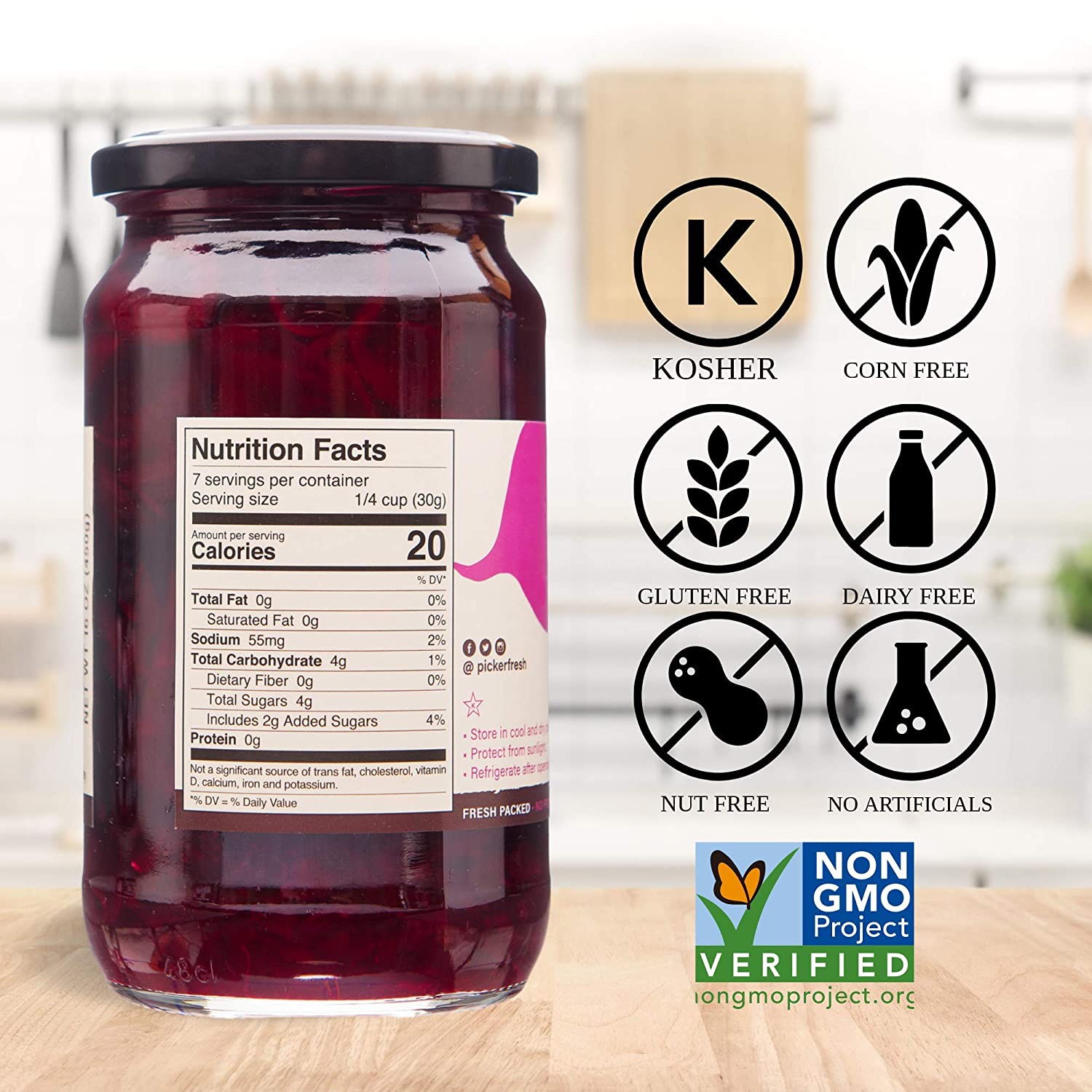 Pickerfresh Pickled Beets - Crinkle Cut Sliced Beetroot - Simple Natural Ingredients - Non-GMO, No Artificial Color & No Preservatives - 16 oz Pack of 6