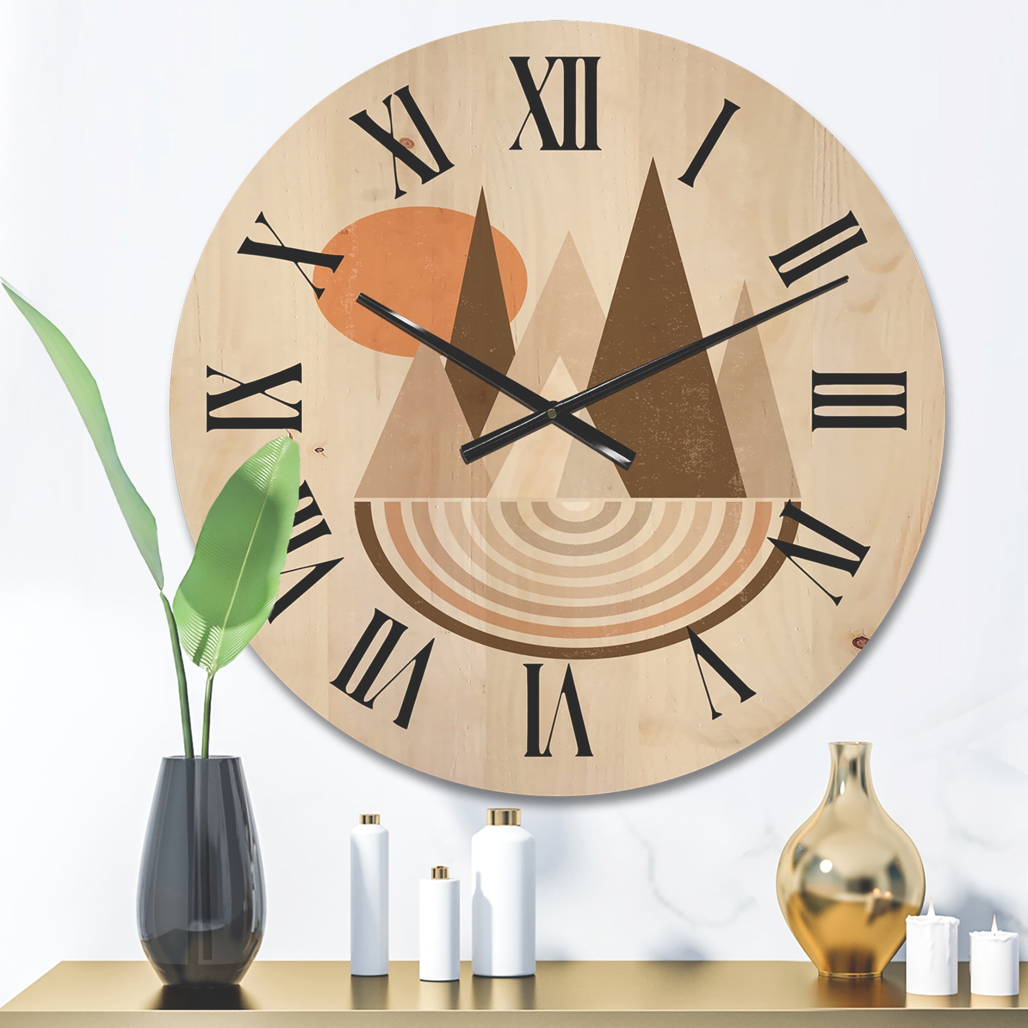 Designart 'Minimalistic Red Full moon Landscape With Mountain' Modern Wood Wall Clock