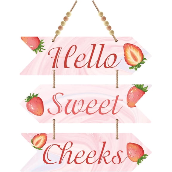3 Pieces Wooden Hello Sweet Cheeks Sign Wood Arrow Hanging Plaque Wall Decor Farmhouse Rustic Kitchen with Hole for Home Dining Living Room(Pink Color) Pink