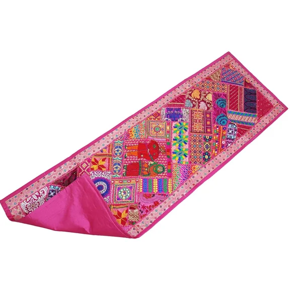 Tugana Craft Rare Vintage Sari Beaded Patchwork Table Runner Throw Boho Tapestry Wall Hanging Pink