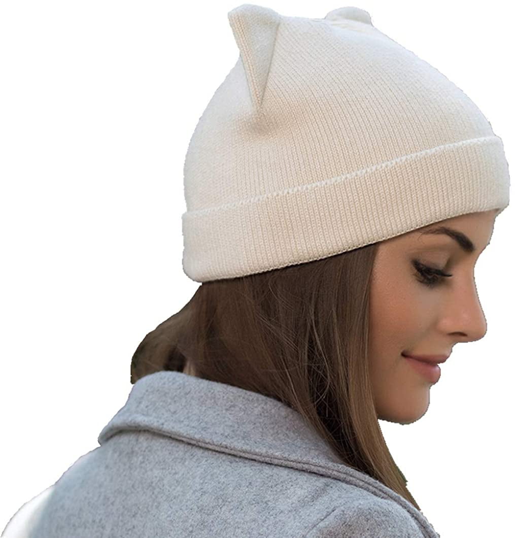 Women Cat Ear Beanie Hat Wool Braided 
