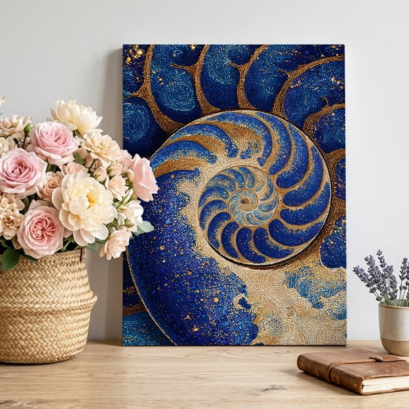Canvas Wall Art Luxury Seashell Canvas Art Print Abstract Blue Gold Mosaic Ocean Pictures Wall Decor for Living Room Bedroom Artwork Decorations Stretched Framed Ready to Hang 8"x12"