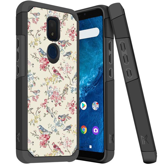 ANJ  Slim Dual Layer Hybrid Shockproof Case   Tempered Glass Cover for Cricket Icon 3, Splendor, AT&T Motivate 2 - Birds and Flowers (Yellow)