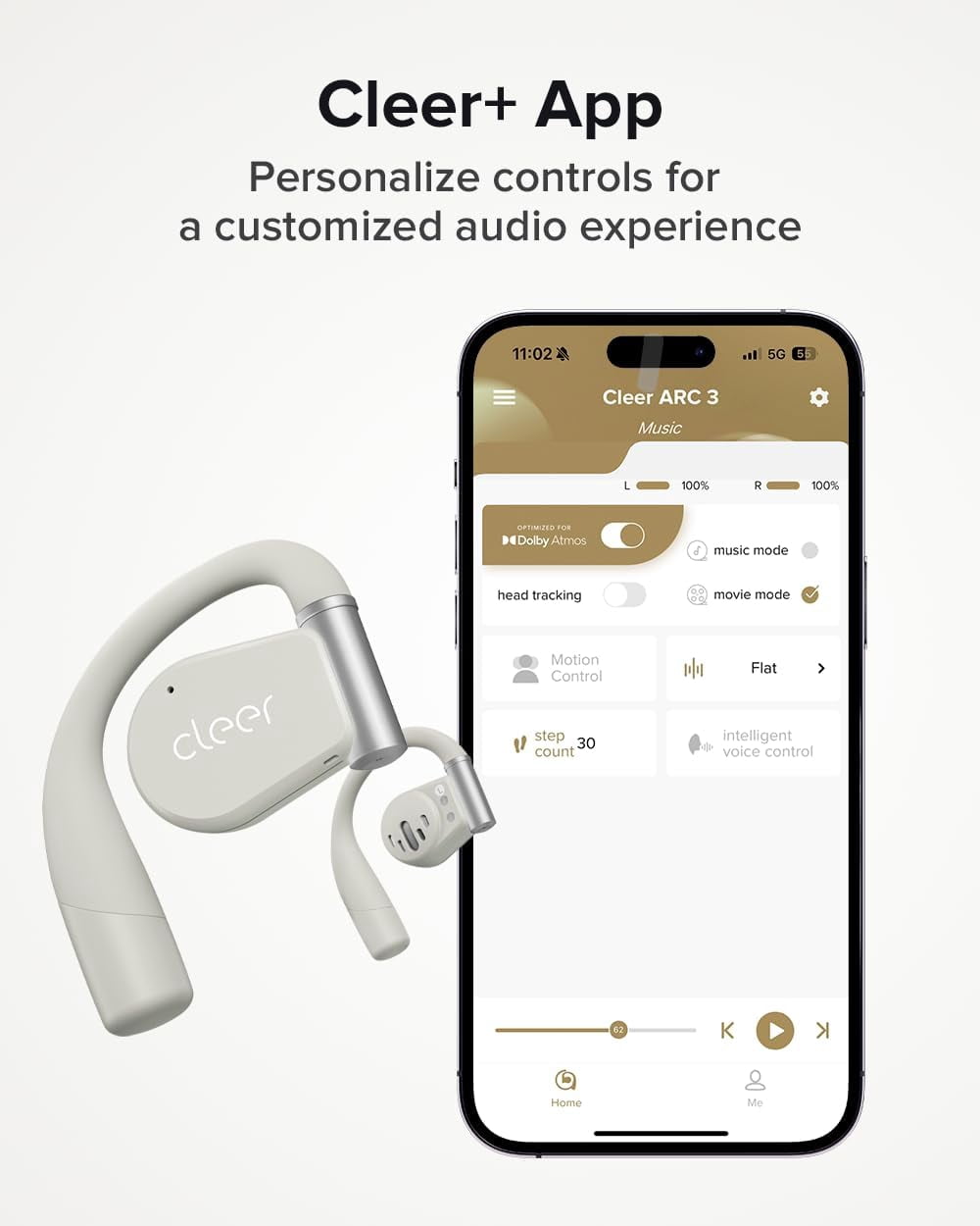 Cleer ARC3 Open Ear True Wireless Earbuds with Secure Earhooks, Water Resistant IPX7, Built-in Microphone, Grey
